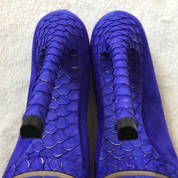 B Brian Atwood Fontanne Purple Ultra Violet Suede and Snake Print Leather Heels - Picture 12 of 13